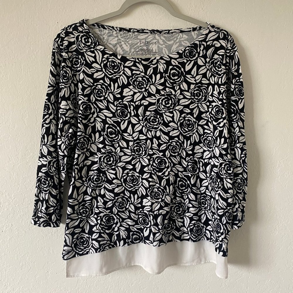 Talbots Womens Blouse Floral Rose Size L Boatneck 3/4 Sleeve Casual Summer Top